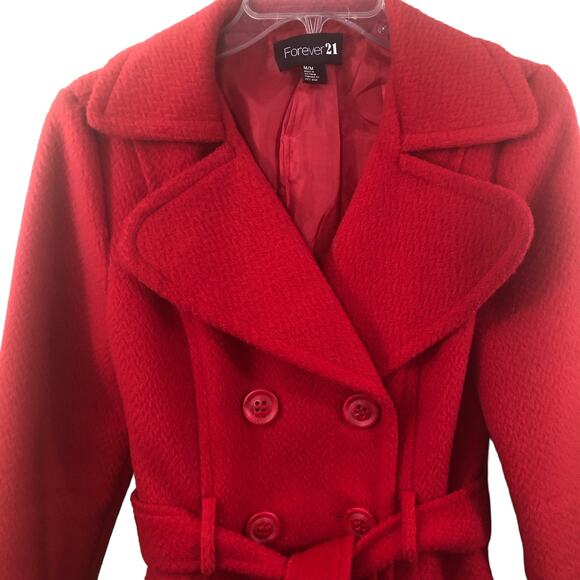 Forever 21 Red Belted Peacoat Jacket Women’s M (Fits S/M) Double Breasted - Picture 3 of 10